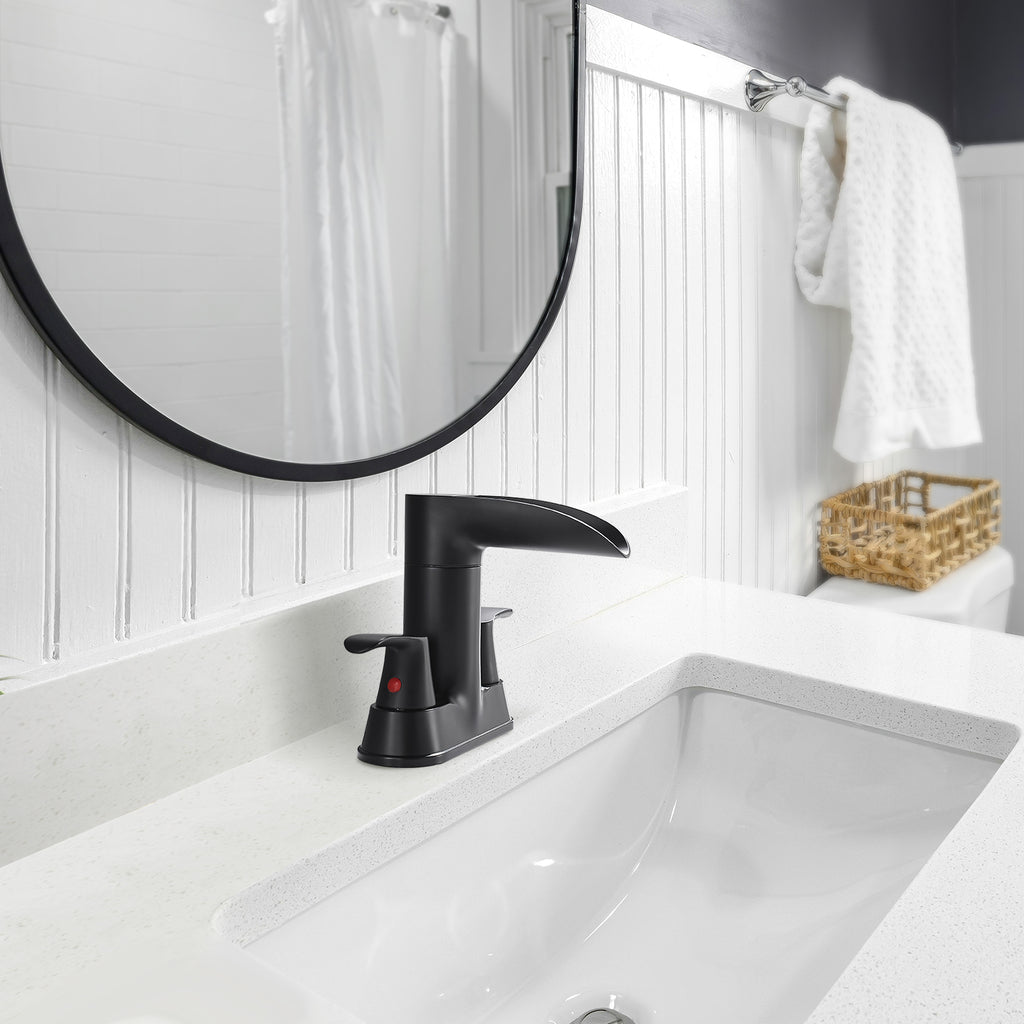 Rotatable 4 in. Centerset Double Bathroom Faucet with Drain kit Included Waterfall Lavatory in Matte Black