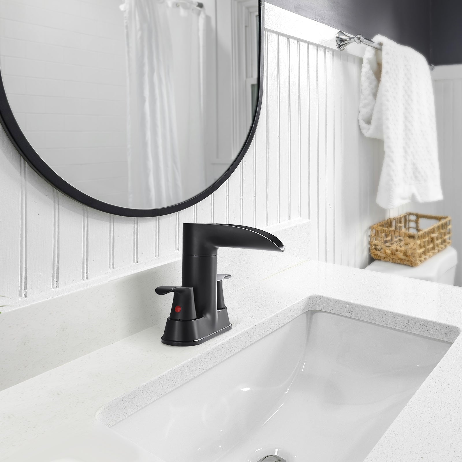 Rotatable 4 in. Centerset Double Bathroom Faucet with Drain kit Included Waterfall Lavatory in Matte Black
