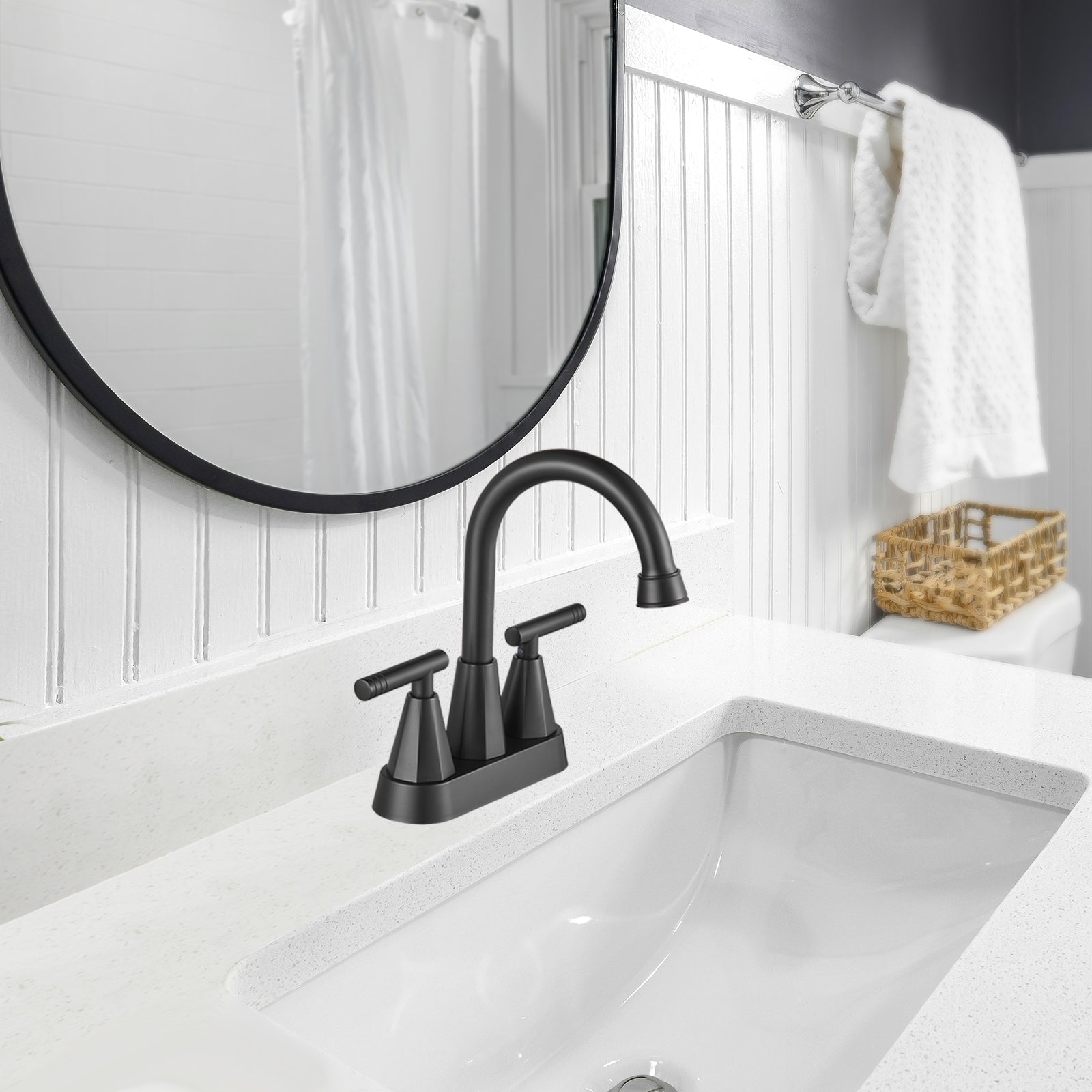 Rotatable 4 in. Centerset Double Handle Bathroom Faucet with Drain Kit Included in Black