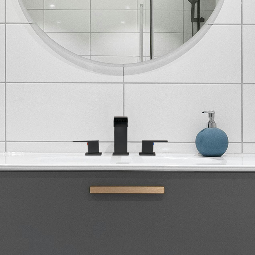 Waterfall 304 stainless steel 8 in. Widespread Double Handle Bathroom Faucet with Drain Kit Included in Matte Black