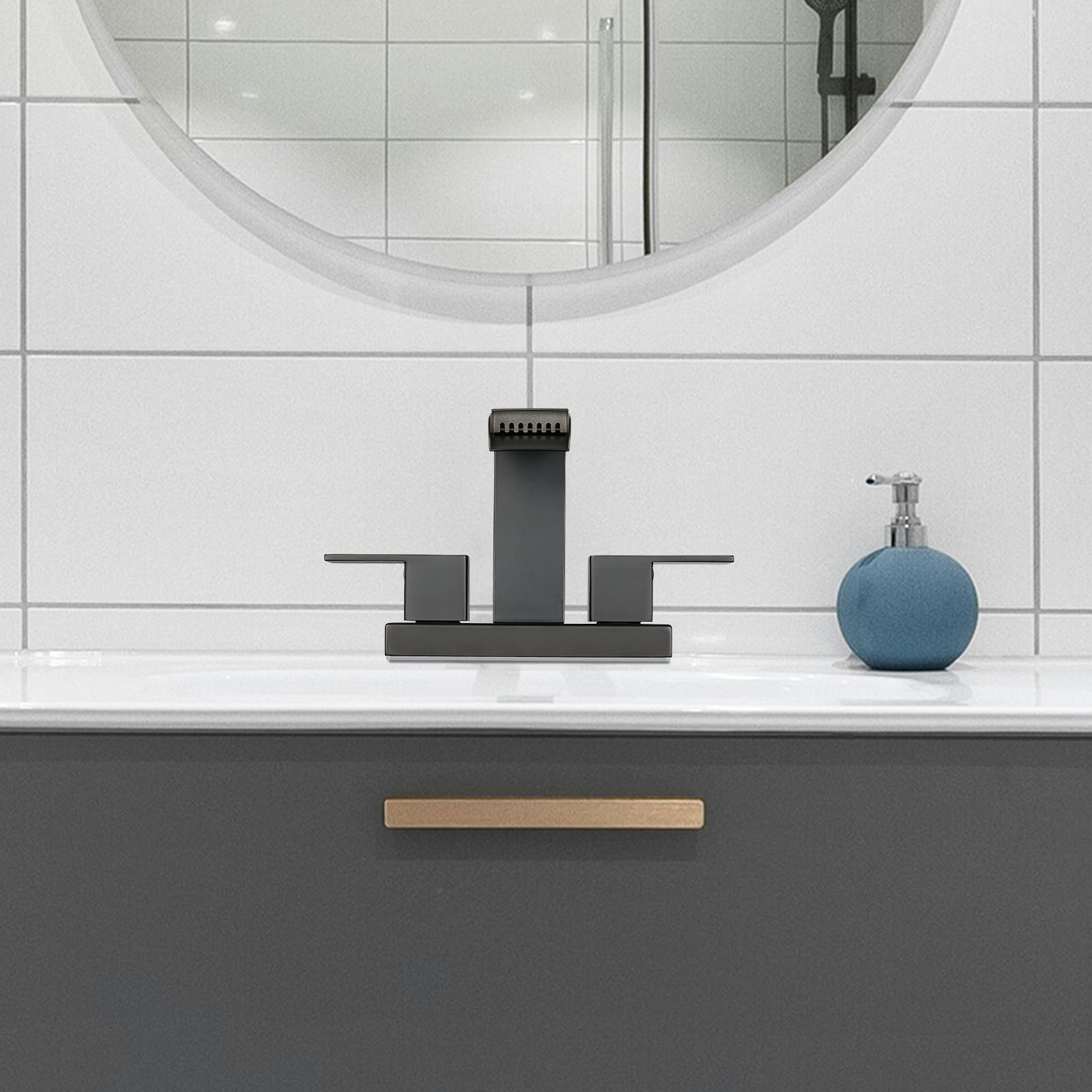 Waterfall Spout 304 stainless steel 4 in. Centerset Double Handle Bathroom Faucet with Drain Kit Included in Matte Black