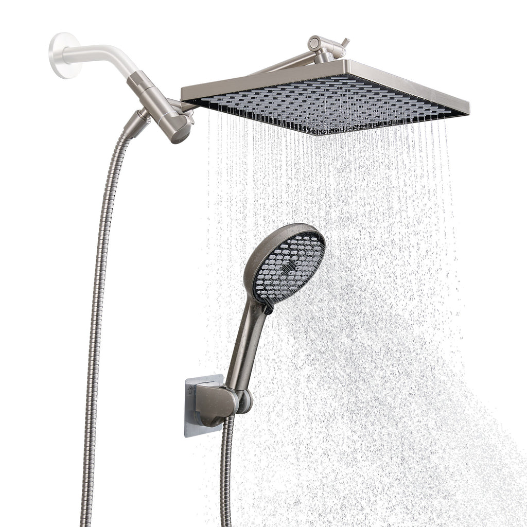 Rainfall Shower Head Combo 6-Spray 12 in. Wall Mount Dual Shower Heads and Handheld Head with 1.8 GPM in Brushed Nickel