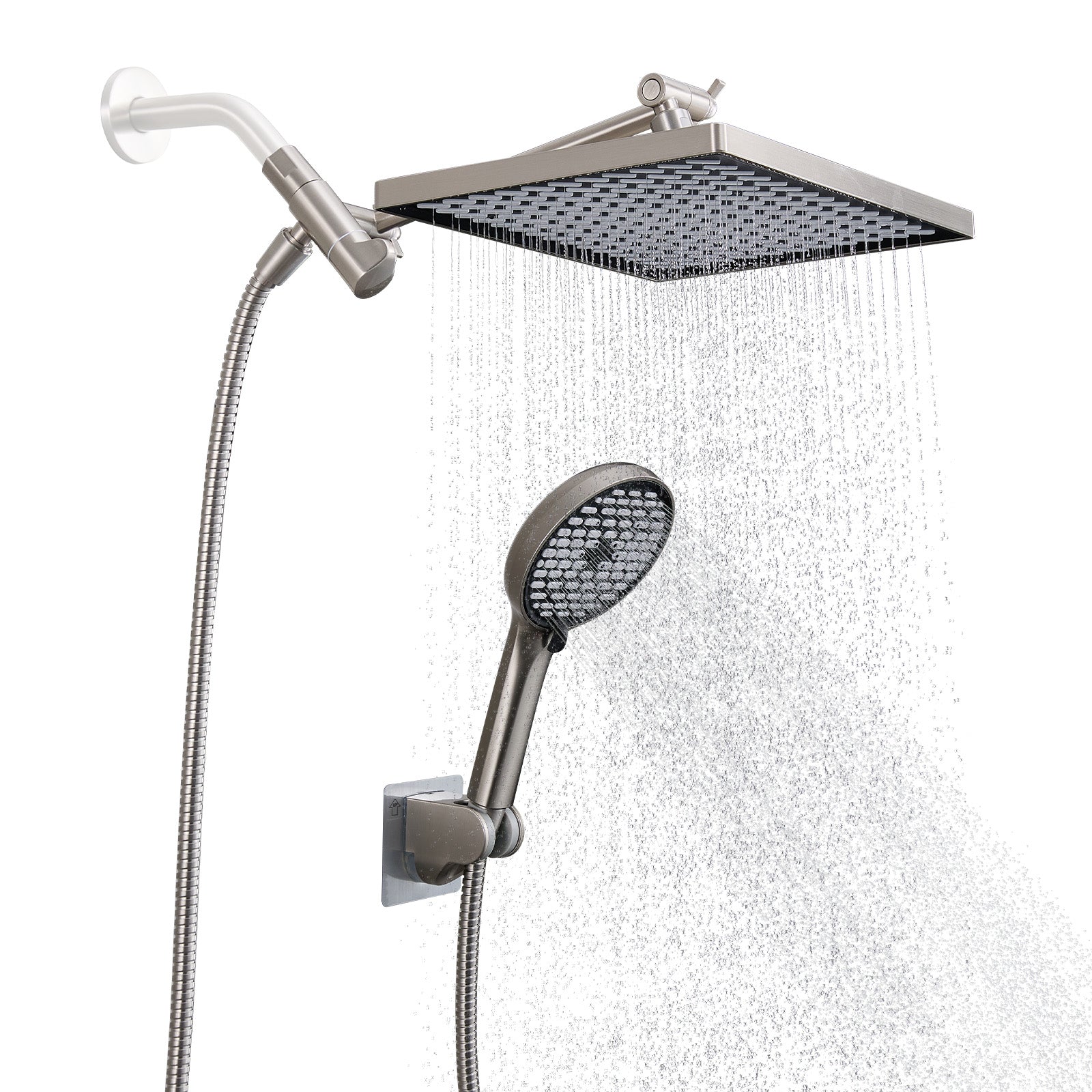 Rainfall Shower Head Combo 6-Spray 12 in. Wall Mount Dual Shower Heads and Handheld Head with 1.8 GPM in Brushed Nickel