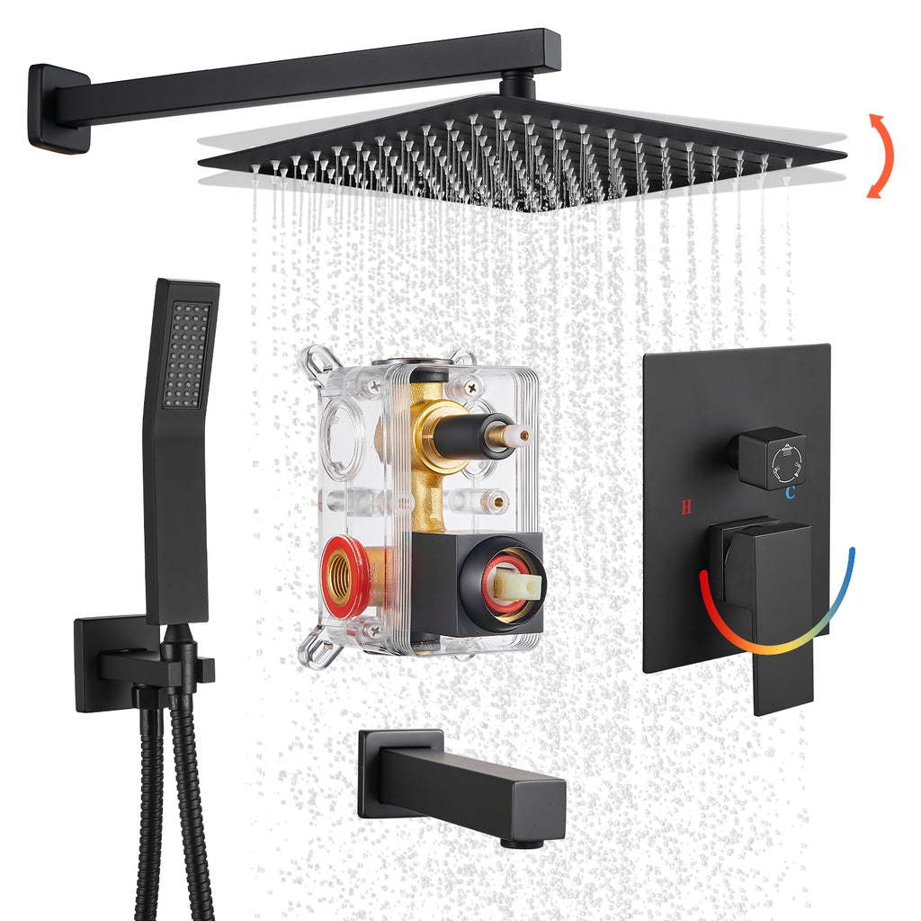 Rain Single Handle 1-Spray Tub Shower Faucet Handheld Combo with Valve 1.8 GPM 12 in. Adjustable shower Head in Black