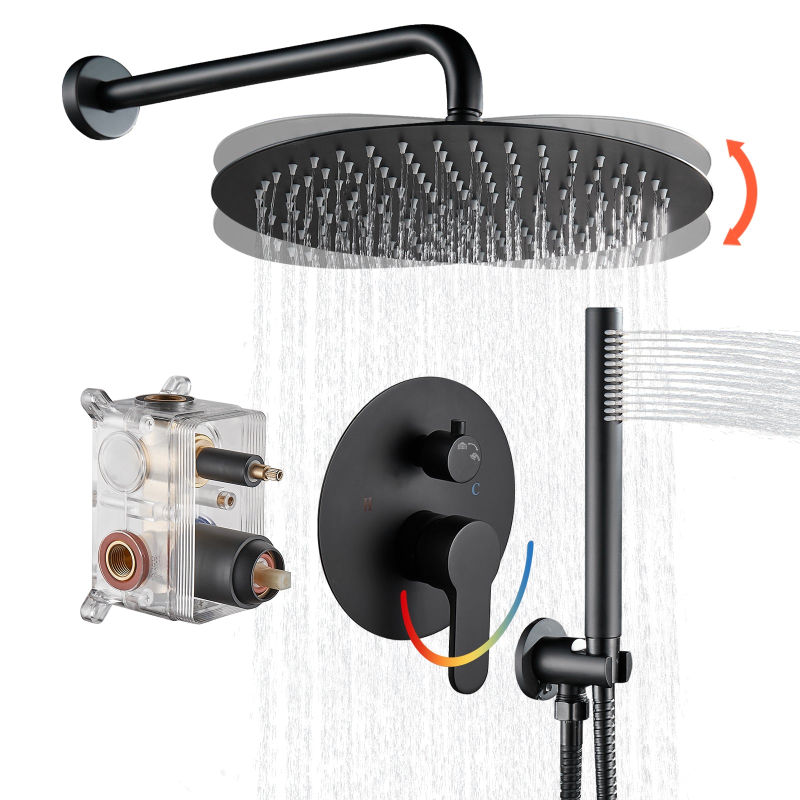 Rain Single Handle 1-Spray with Valve 1.8 GPM 12 " Shower Faucet Pressure Balance Dual Shower Heads in Black