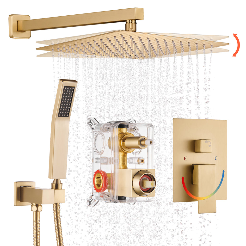 12 " Rain Single Handle 1-Spray Shower Faucet Kit Handheld Combo with Valve 1.8 GPM Adjustable Dual Shower Heads in Gold