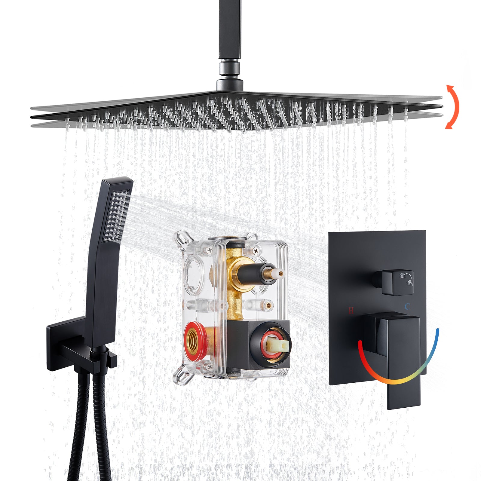 Rain Single Handle 1-Spray with Valve 1.8 GPM 12 " Shower Faucet Pressure Balance Dual Shower Heads in Black