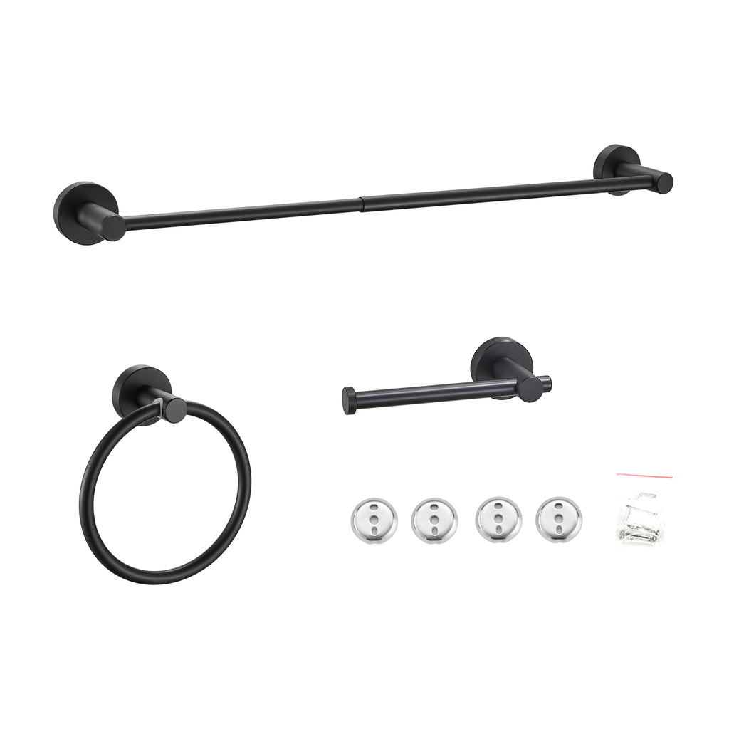 Modern 3-Piece Aluminum Bath Hardware Set with Retractable Towel Bar Towel Ring Toilet Paper Holder in Black