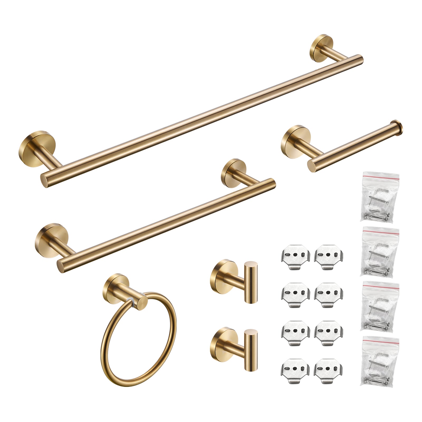 Modern 6-Pieces Stainless Steel Bath Hardware Set with Towel Ring Toilet Paper Holder Towel Hook and Towel Bar in Gold
