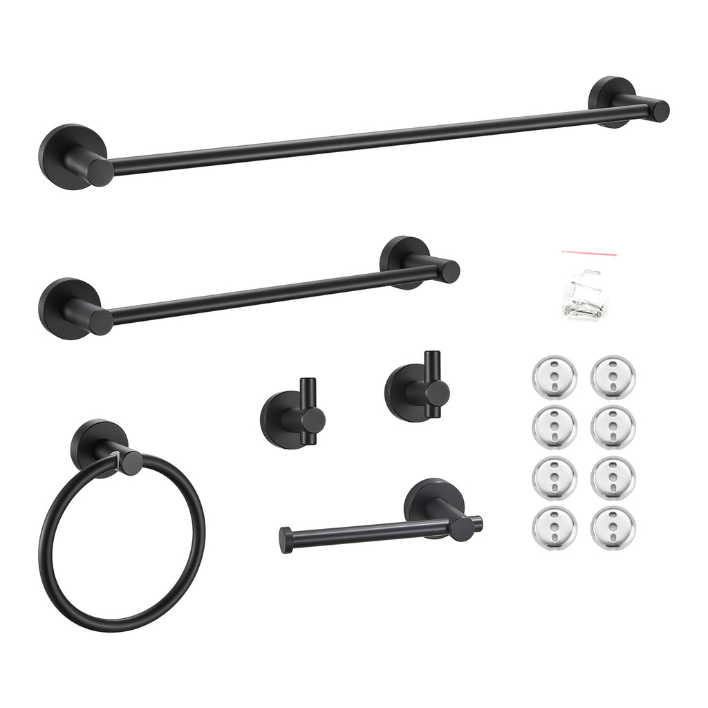 Modern 6-Pieces Aluminum Bath Hardware Set with Towel Ring Toilet Paper Holder Towel Hook and Towel Bar in Black