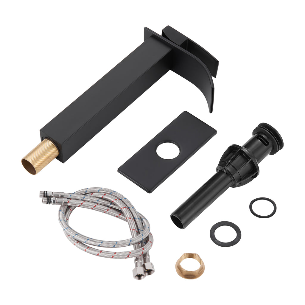 High Arc Waterfall Single Handle Single Hole Bathroom Faucet with Drain Kit Included in Black