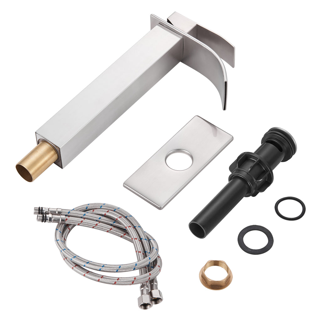 High Arc Waterfall Single Handle Single Hole Bathroom Faucet with Drain Kit Included in Brushed Nickel
