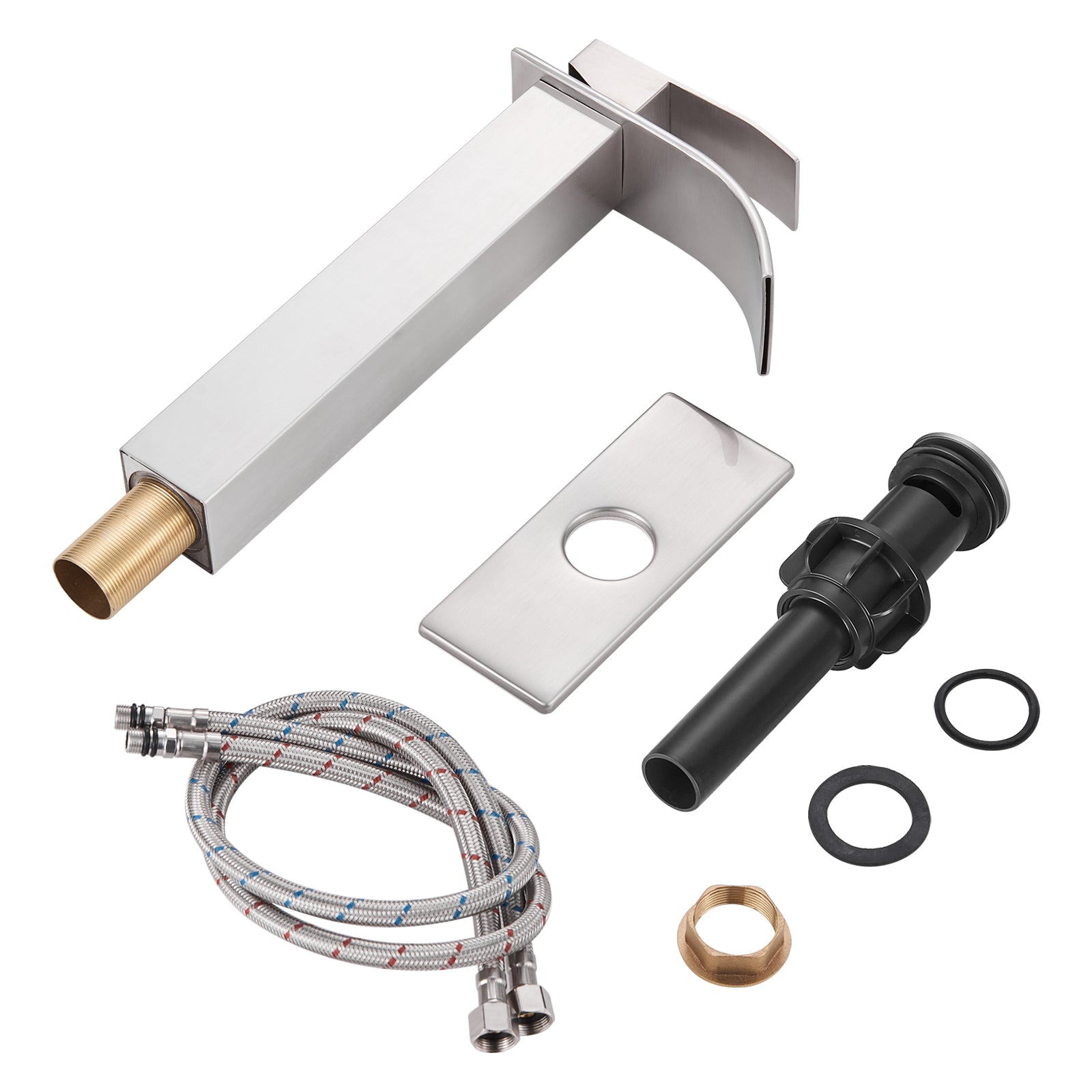 High Arc Waterfall Single Handle Single Hole Bathroom Faucet with Drain Kit Included in Brushed Nickel