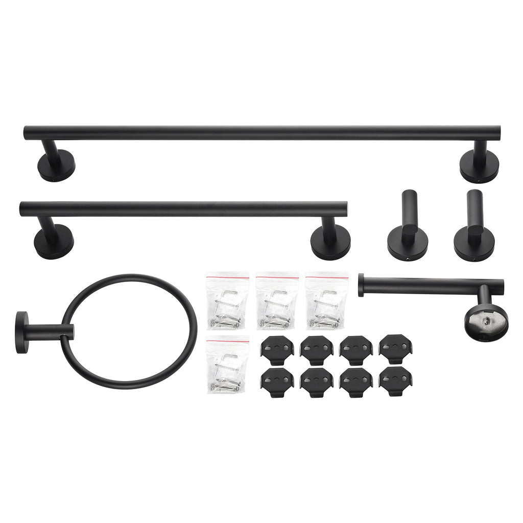 Modern 6-Pieces Stainless Steel Bath Hardware Set with Towel Ring Toilet Paper Holder Towel Hook and Towel Bar in Black