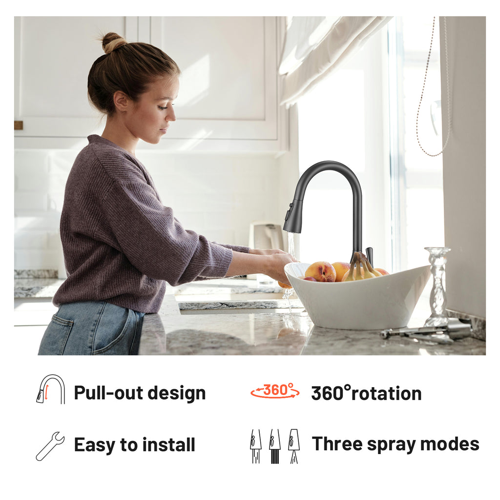 Gooseneck Single-Handle Pull Down Sprayer Kitchen Faucet with Deckplate and Sweep Spray Pull Out Sink Faucet in Black