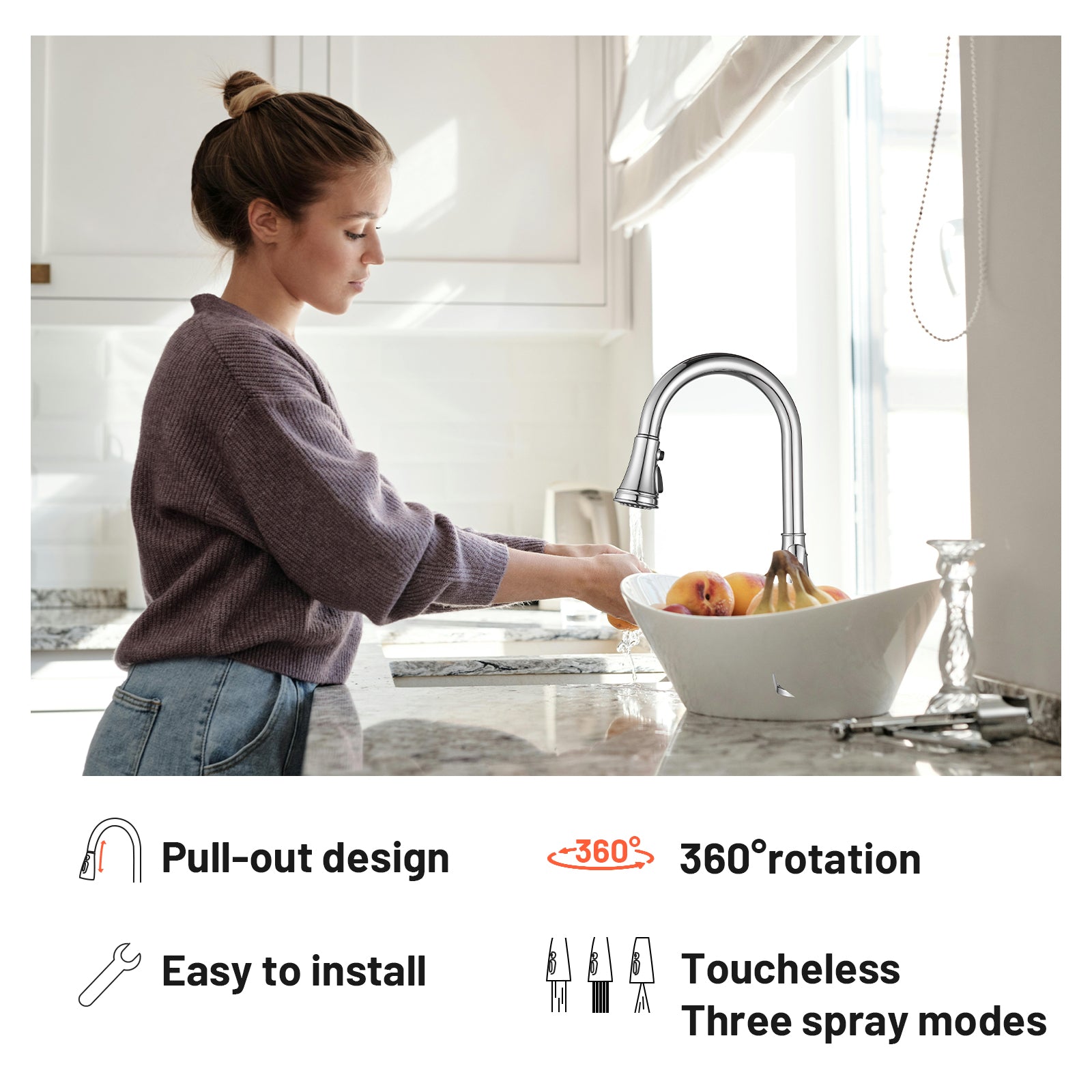 Touchless Single Handle Gooseneck Pull Down Sprayer Kitchen Faucet with Deckplate Pull Out Sink Faucet in Chrome