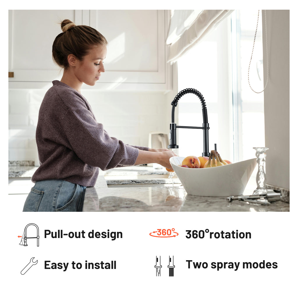 Single-Handle Pull Out Sprayer Coil Spring High-Arc Kitchen Faucet with Deckplate Sink Faucet in Matte Black