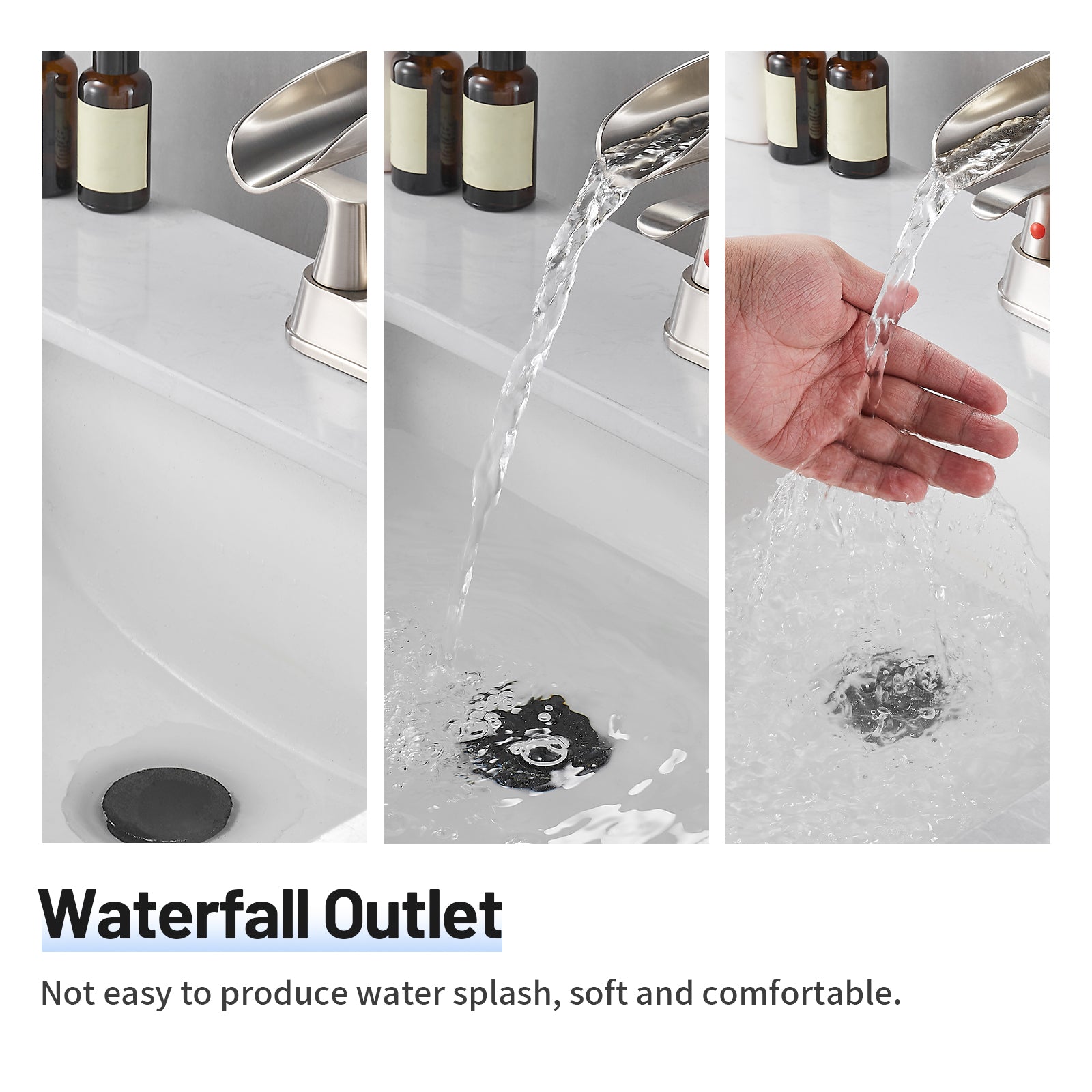 Rotatable 4 in. Centerset Double Bathroom Faucet with Drain kit Included Waterfall Lavatory in Brushed Nickel