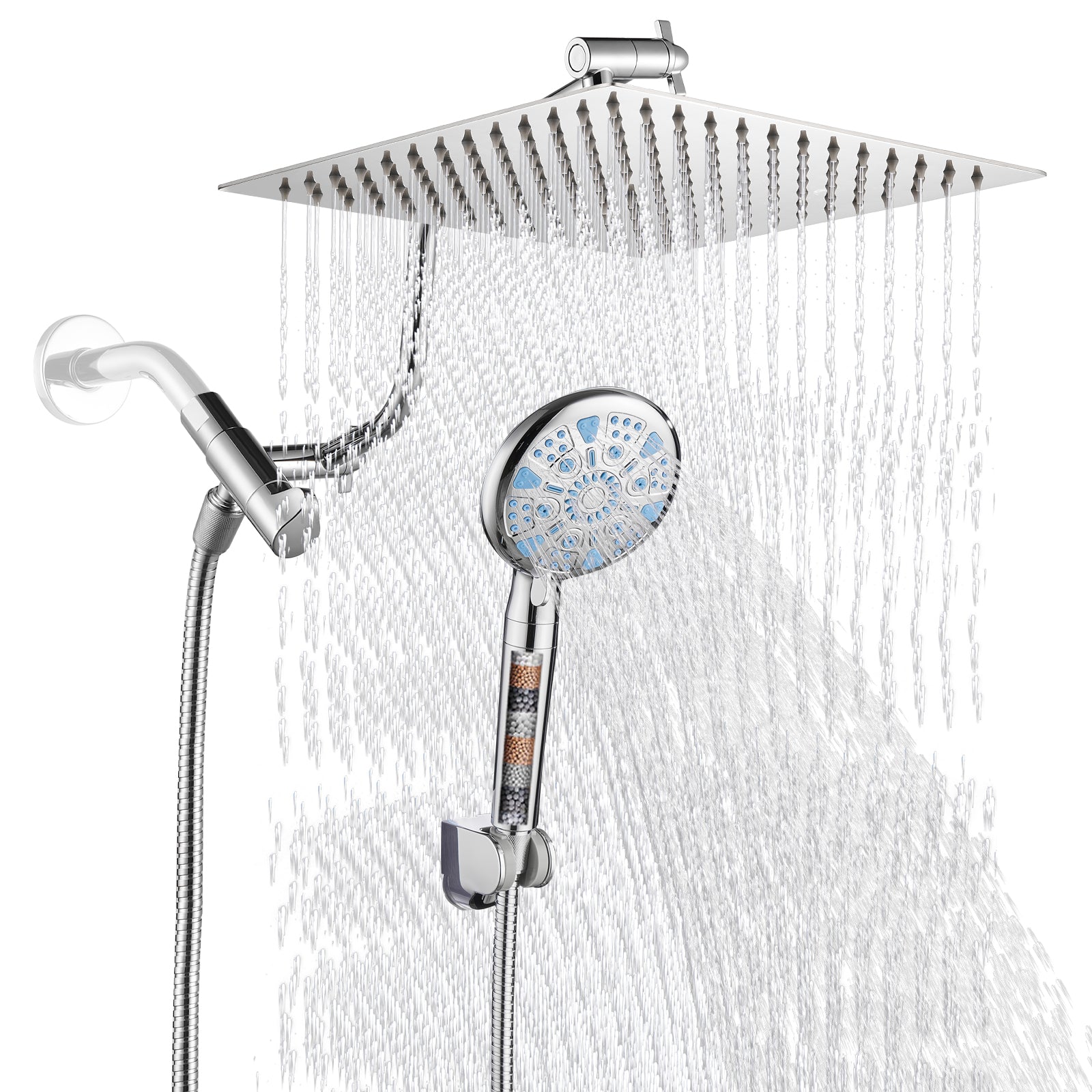 Rainfull 5-Spray Patterns 10 in. Wall Mount Dual Shower Heads and Handheld Shower Head in Chrome color