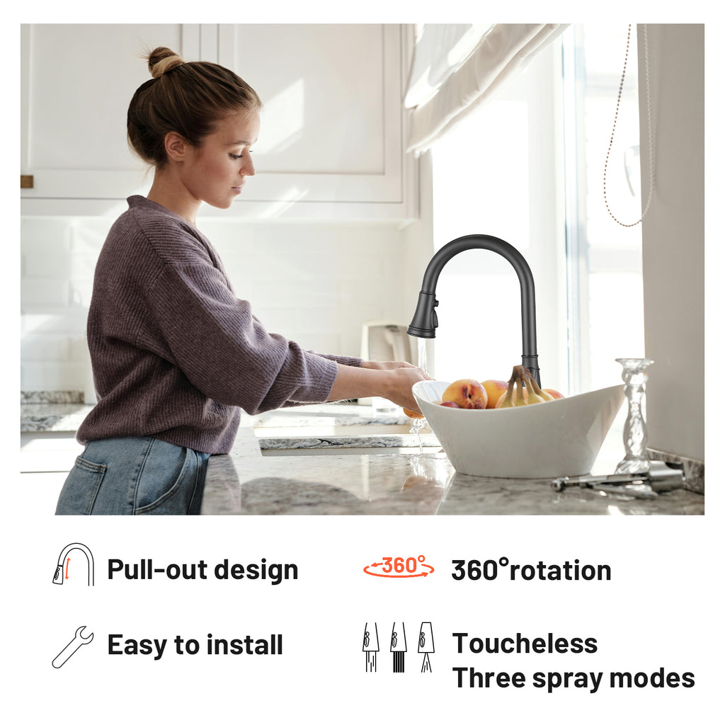 Touchless Single Handle Gooseneck Pull Down Sprayer Kitchen Faucet with Deckplate Pull Out Sink Faucet in Black