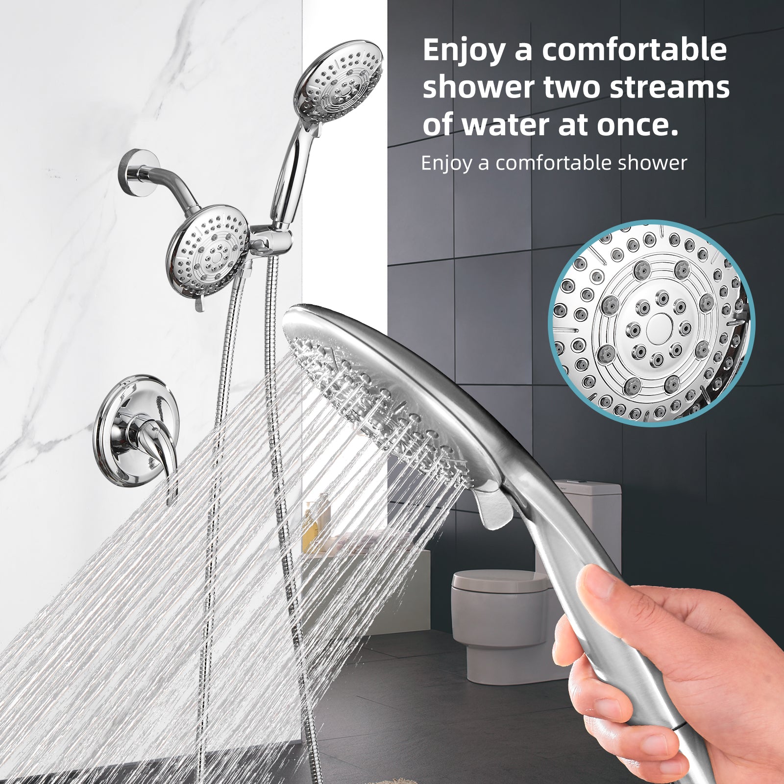 Rain 5-Spray Patterns Handheld Shower Head Combo 1.8 GPM 4.7 in. Wall Mount Adjustable Dual Shower Heads in Chrome