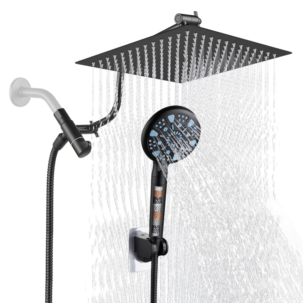 Rainfull 5-Spray Patterns 10 in. Wall Mount Dual Shower Heads and Handheld Shower Head 1.8 GPM in Matte Black