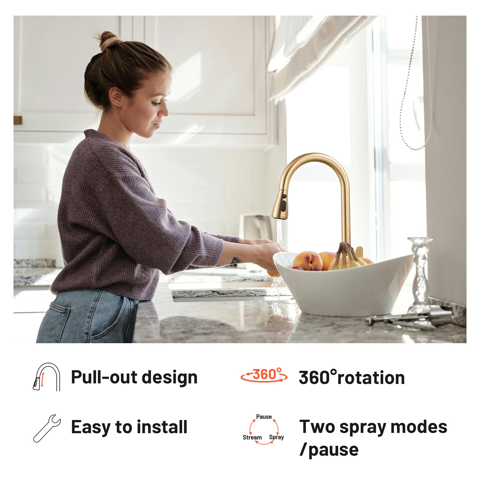 Gooseneck Single-Handle Pull Down Sprayer Kitchen Faucet with Deckplate and Sweep Spray Pull Out Sink Faucet in Gold