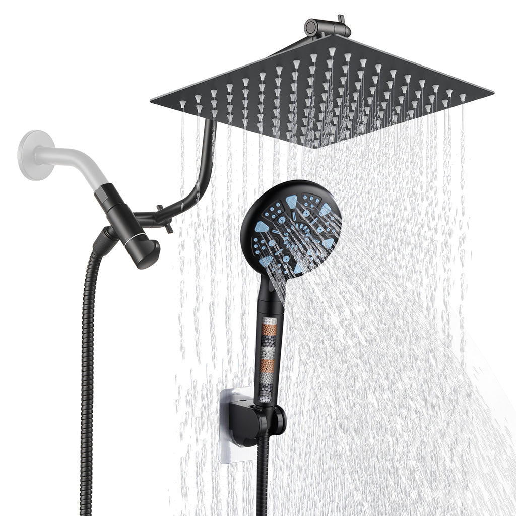 Rainfull 2-in-1 9-Spray Patterns Adjustable Wall Mount Shower Head with Filter 2.5 GPM and Handheld Shower Head in Black