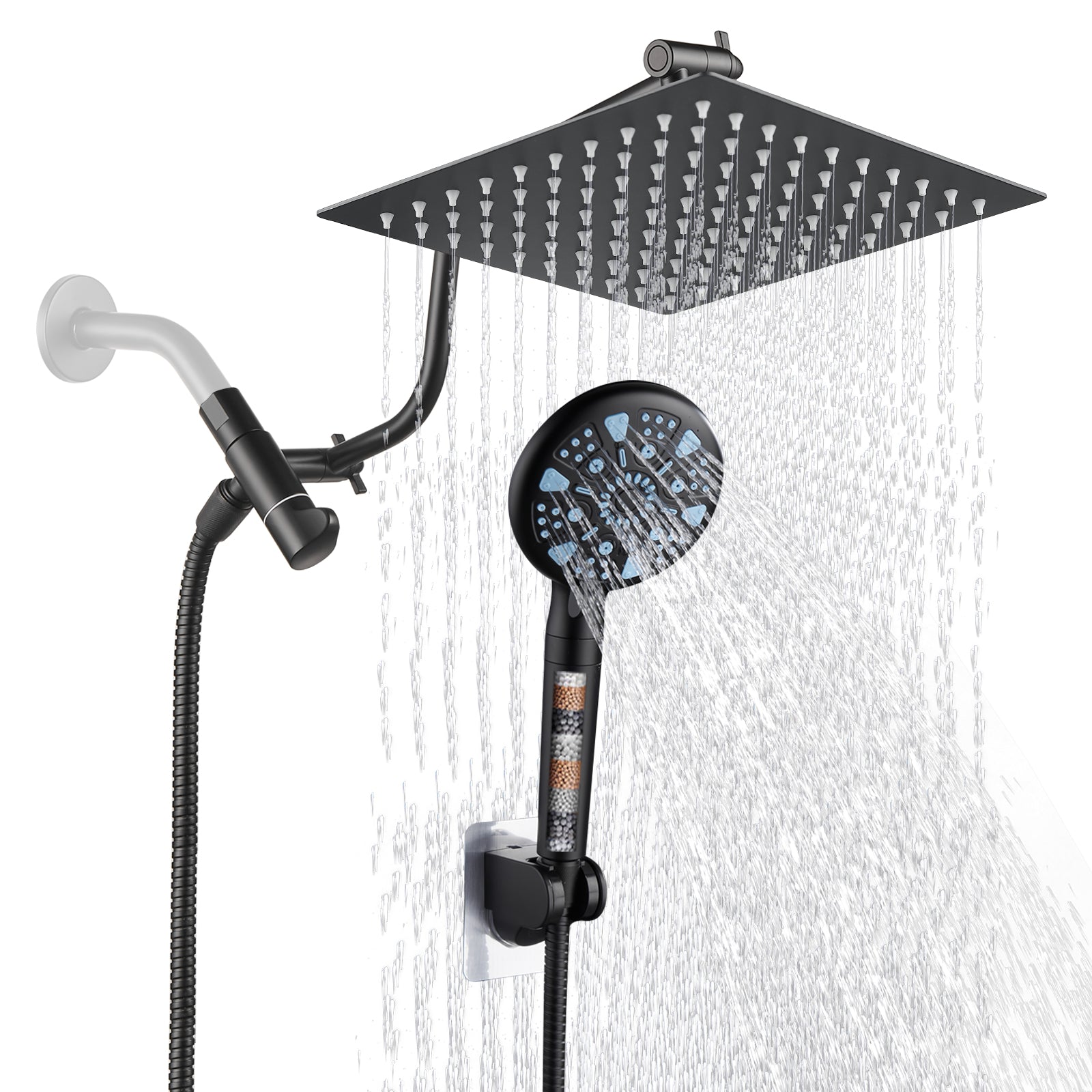 Rainfull 2-in-1 9-Spray Patterns Adjustable Wall Mount Shower Head with Filter 2.5 GPM and Handheld Shower Head in Black