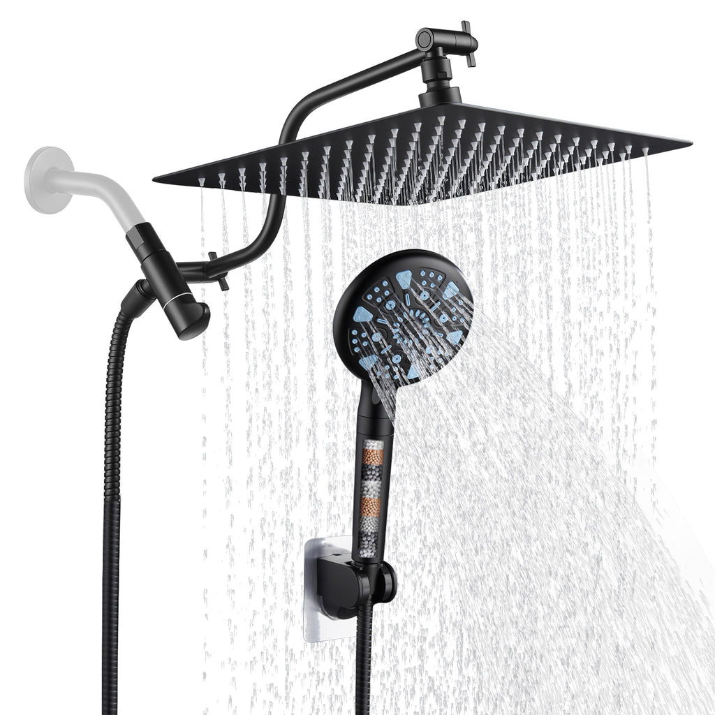 Rainfull 2-in-1 9-Spray Patterns Adjustable Fixed Shower Head with Filter 1.8 GPM and Handheld Shower Head in Black