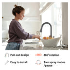 Gooseneck Single-Handle Pull Down Sprayer Kitchen Faucet with Deckplate and Sweep Spray Pull Out Sink Faucet in Black