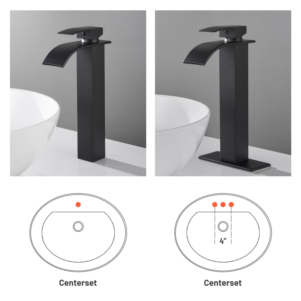 High Arc Waterfall Single Handle Single Hole Bathroom Faucet with Drain Kit Included in Black