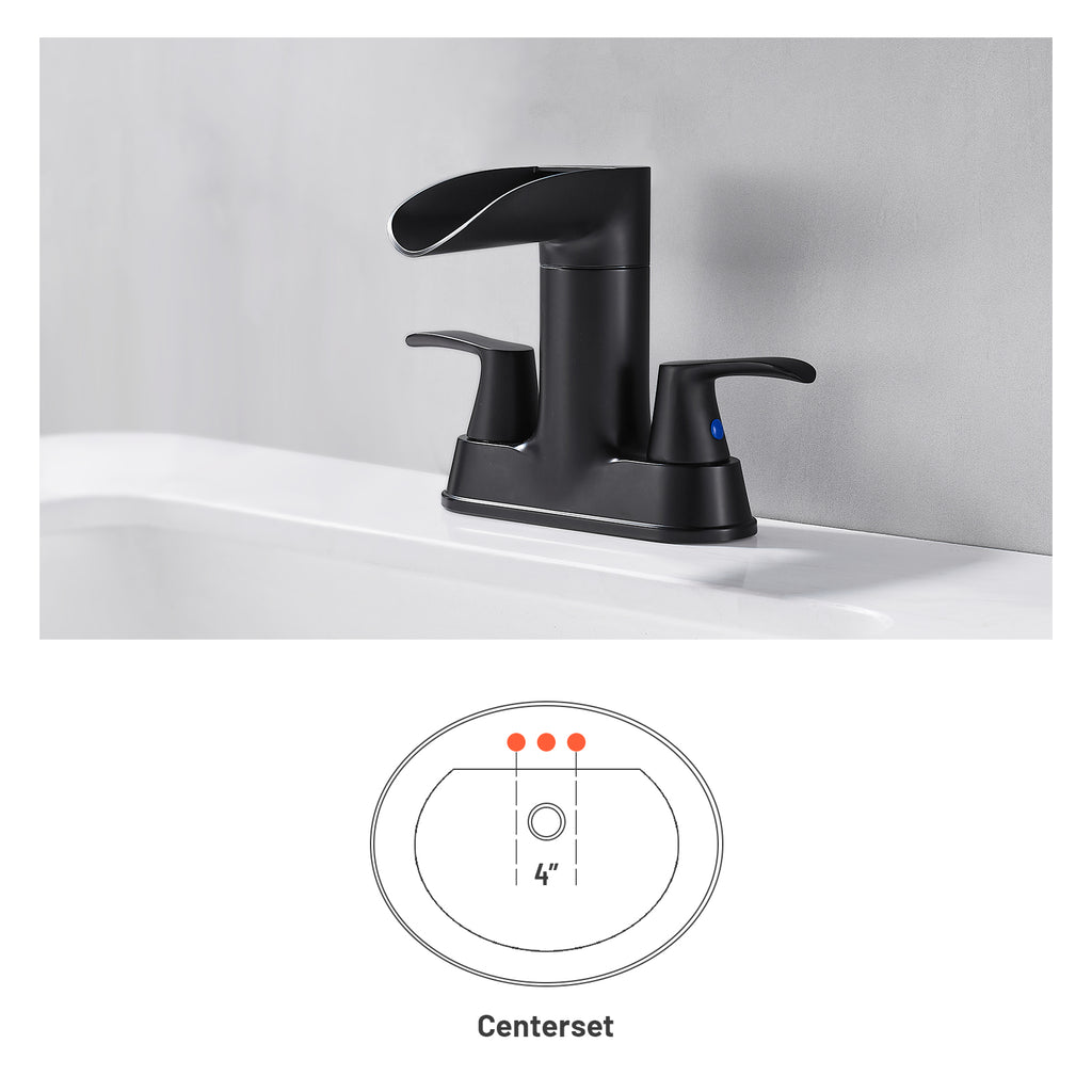 Rotatable 4 in. Centerset Double Bathroom Faucet with Drain kit Included Waterfall Lavatory in Matte Black