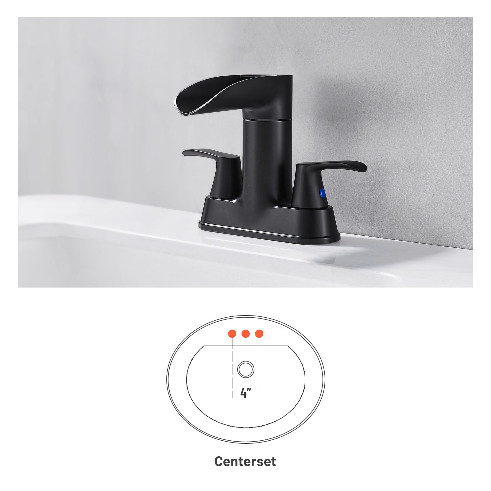 Rotatable 4 in. Centerset Double Bathroom Faucet with Drain kit Included Waterfall Lavatory in Matte Black