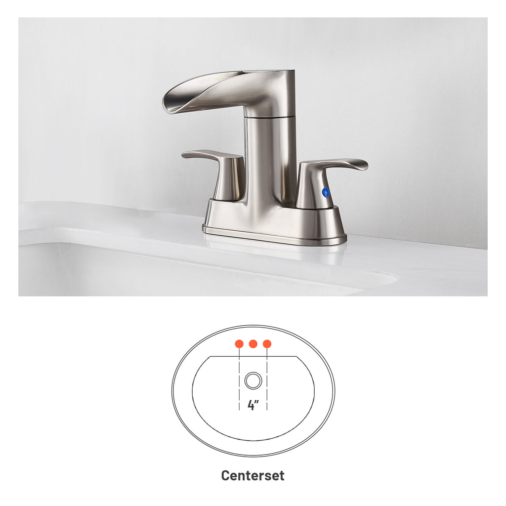 Rotatable 4 in. Centerset Double Bathroom Faucet with Drain kit Included Waterfall Lavatory in Brushed Nickel