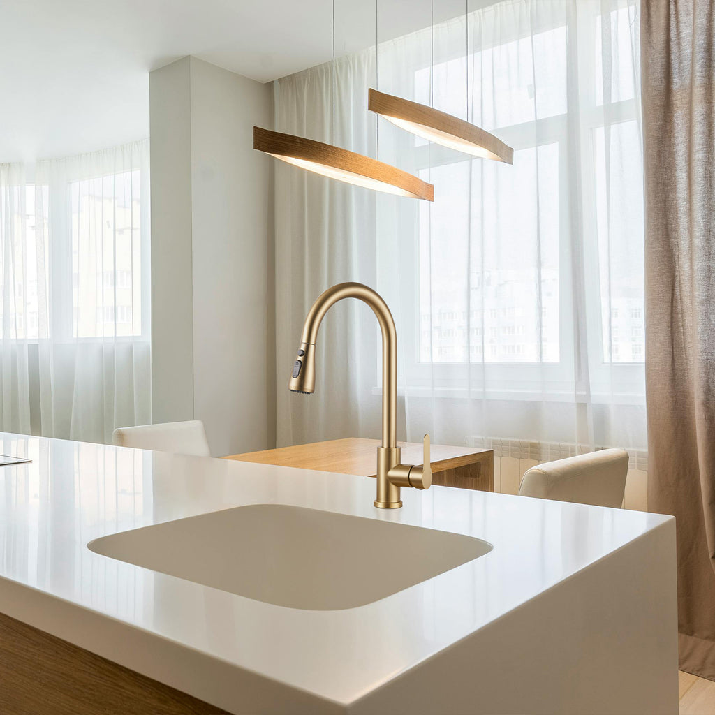 Gooseneck Single-Handle Pull Down Sprayer Kitchen Faucet with Deckplate and Sweep Spray Pull Out Sink Faucet in Gold