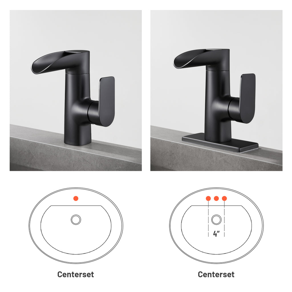 Waterfall Single Handle Single Hole Low Arc Bathroom Faucet With Metal Pop Up Drain Assembly Sink Faucet in Matte Black