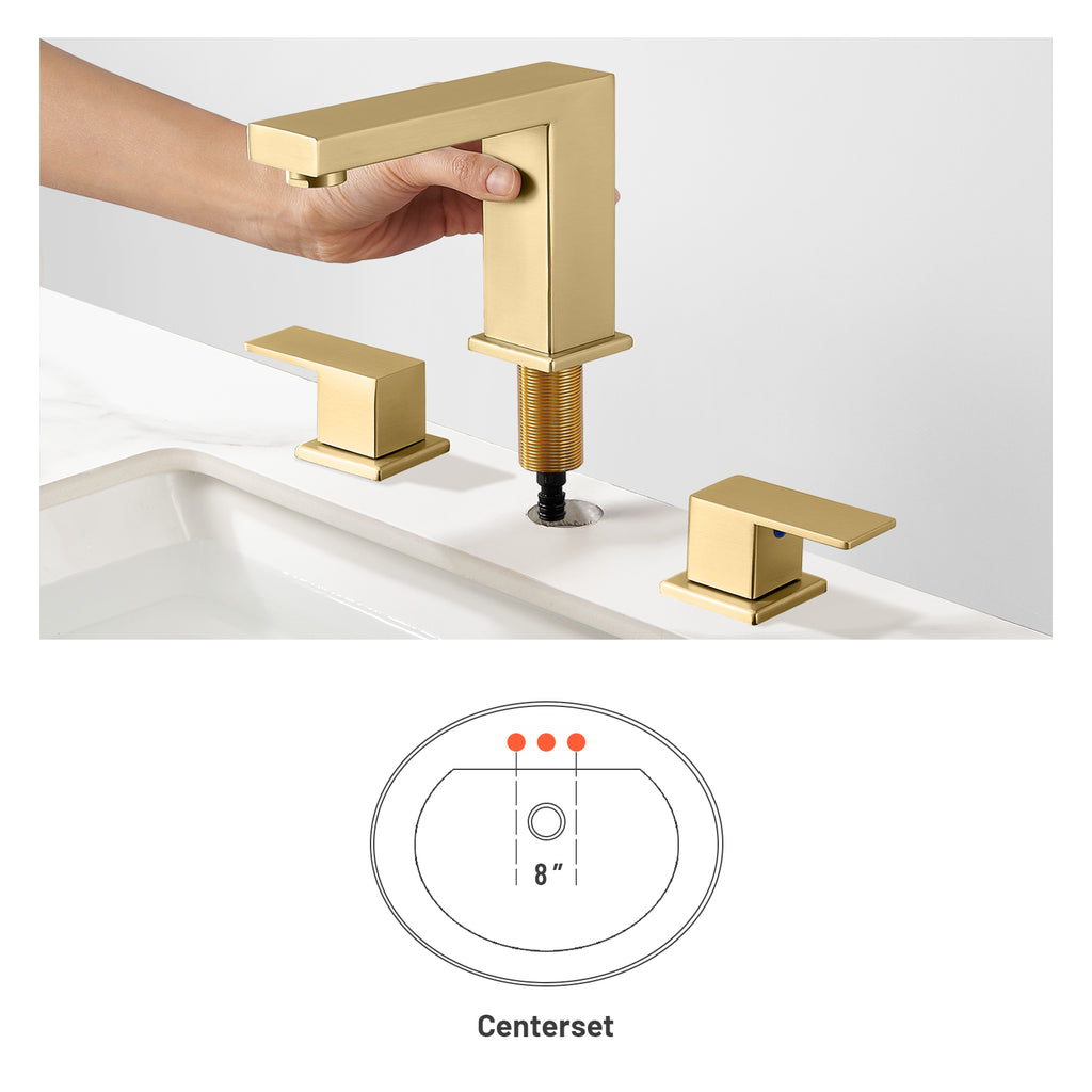 304 stainless steel8 in. Widespread Double Handle Bathroom Faucet with Drain Kit Included in Gold
