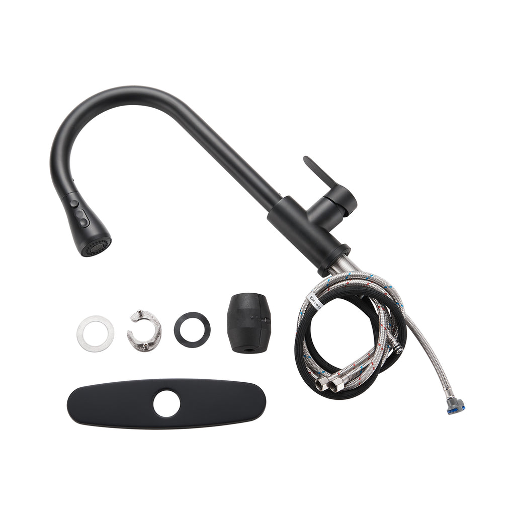 Gooseneck Single-Handle Pull Down Sprayer Kitchen Faucet with Deckplate and Sweep Spray Pull Out Sink Faucet in Black