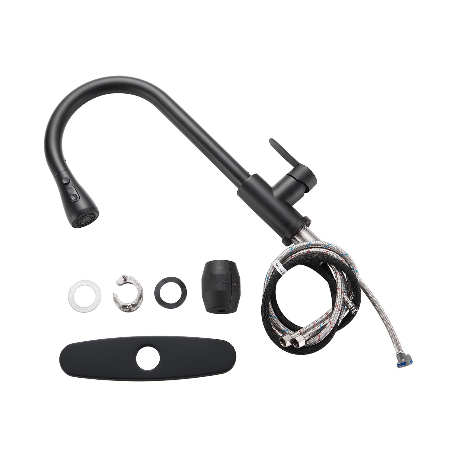 Gooseneck Single-Handle Pull Down Sprayer Kitchen Faucet with Deckplate and Sweep Spray Pull Out Sink Faucet in Black