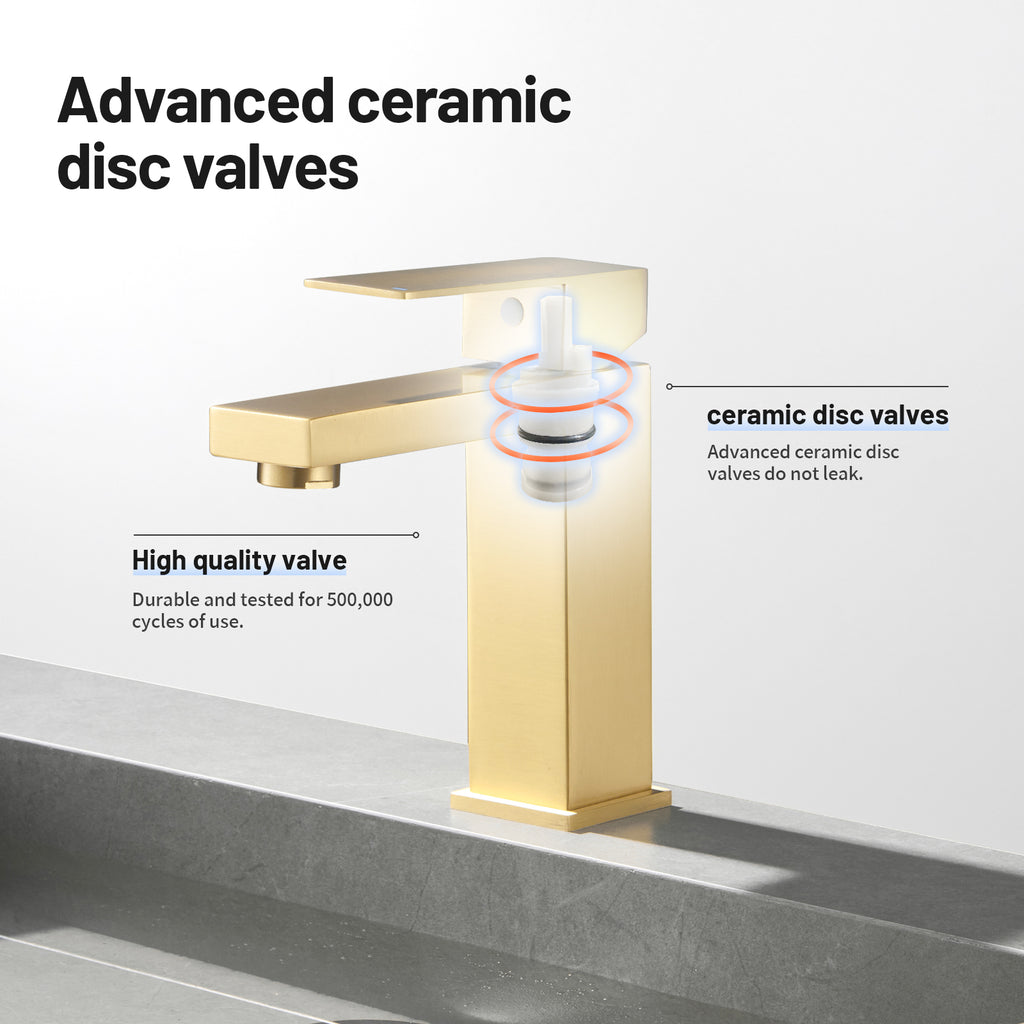 Square Single Handle Single Hole Bathroom Faucet in Brushed Gold