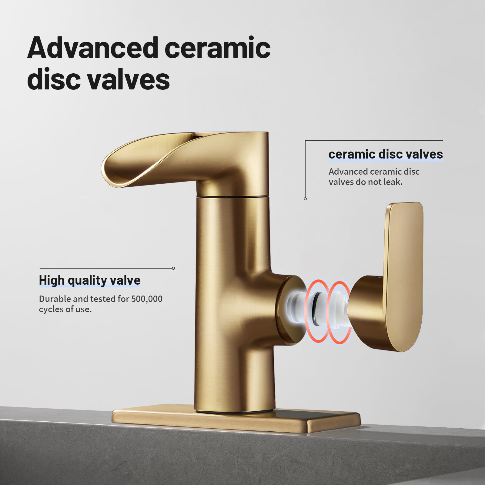 Waterfall Single Handle Single Hole Low Arc Bathroom Faucet With Metal Pop Up Drain Assembly Sink Faucet in Gold