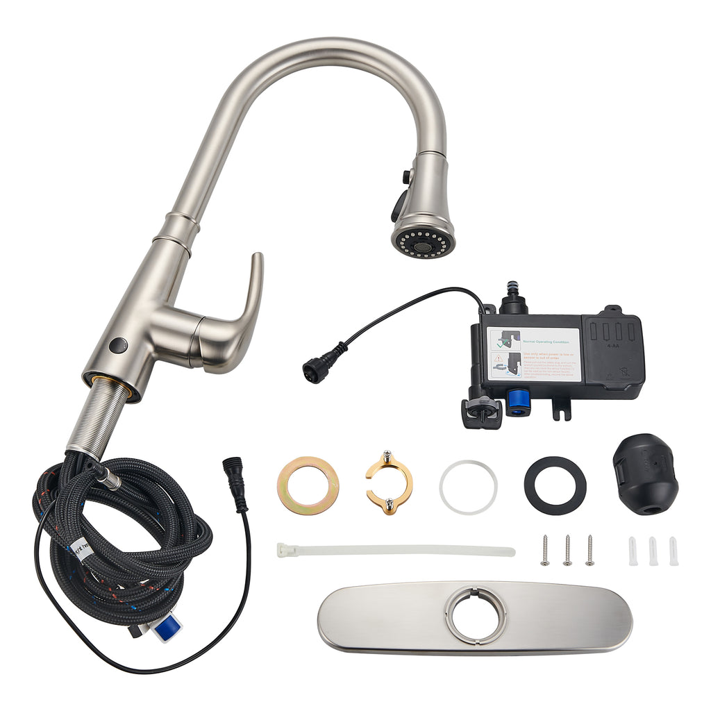 Touchless Single Handle Gooseneck Pull Down Sprayer Kitchen Faucet with Deckplate Pull Out Sink Faucet in Brushed Nickel