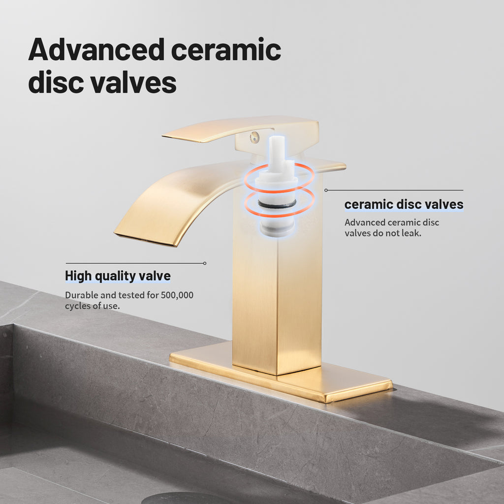 Arc Waterfall Single Handle Single Hole Bathroom Faucet with Drain Kit Included in Brushed Gold