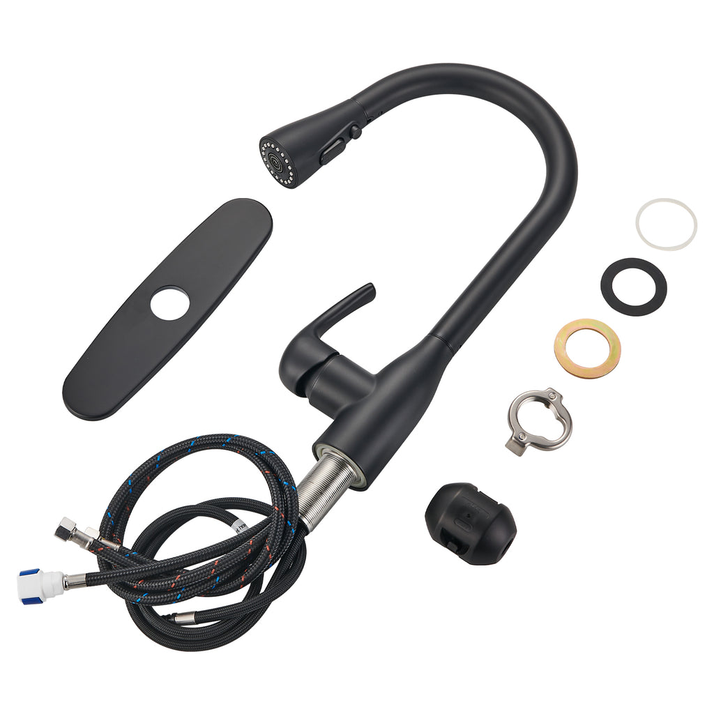 Gooseneck Single-Handle Pull Down Sprayer Kitchen Faucet with Deckplate and Sweep Spray Pull Out Sink Faucet in Black