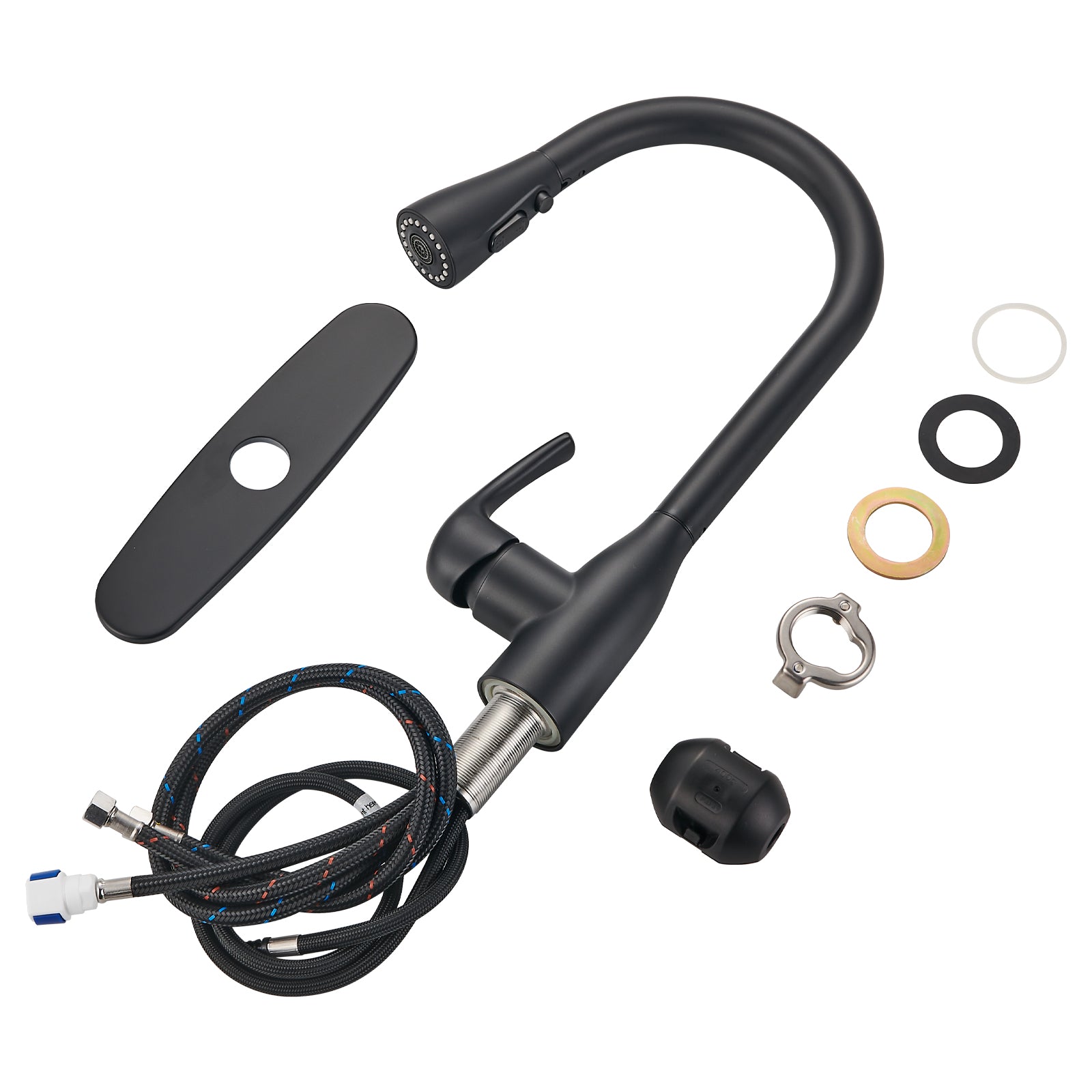 Gooseneck Single-Handle Pull Down Sprayer Kitchen Faucet with Deckplate and Sweep Spray Pull Out Sink Faucet in Black
