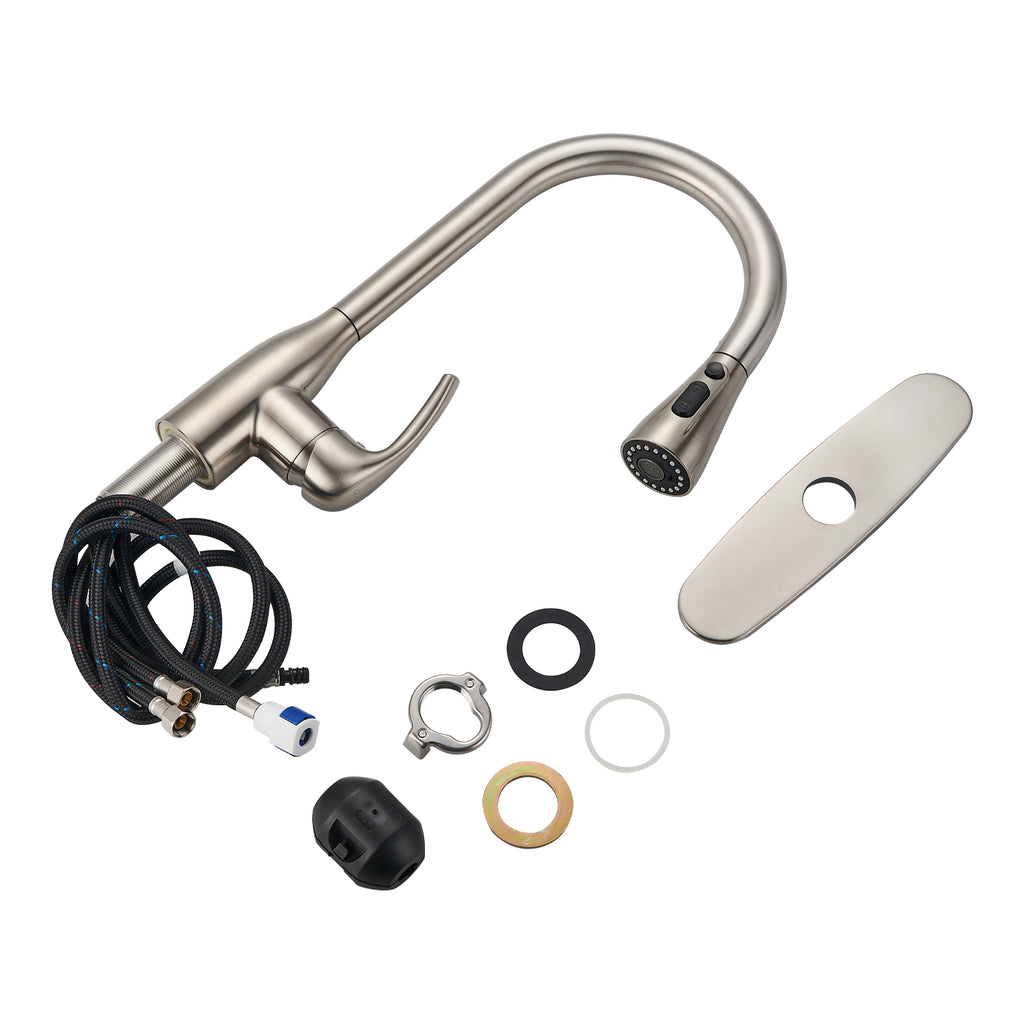 Gooseneck Single-Handle Pull Down Sprayer Kitchen Faucet with Deckplate Pull Out Sink Faucet in Brushed Nickel
