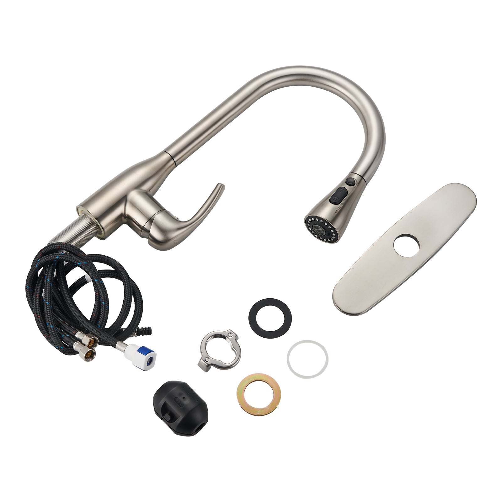 Gooseneck Single-Handle Pull Down Sprayer Kitchen Faucet with Deckplate Pull Out Sink Faucet in Brushed Nickel