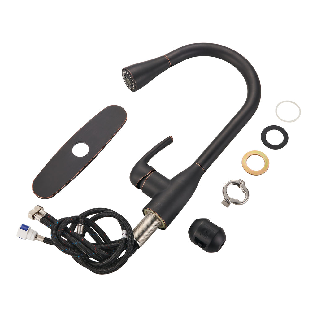 Gooseneck Single-Handle Pull Down Sprayer Kitchen Faucet with Deckplate Pull Out Sink Faucet in Oil Rubbed Bronze