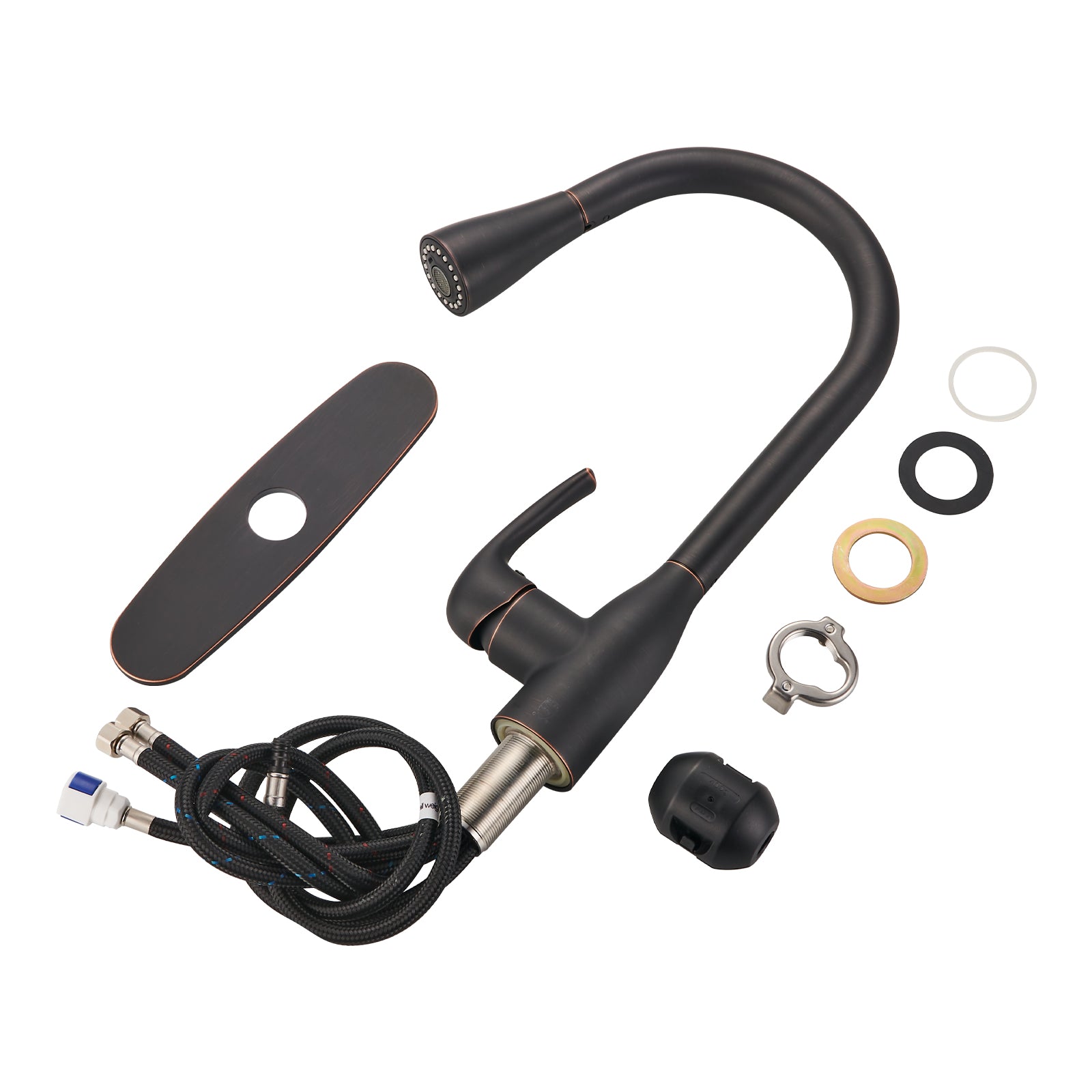Gooseneck Single-Handle Pull Down Sprayer Kitchen Faucet with Deckplate Pull Out Sink Faucet in Oil Rubbed Bronze